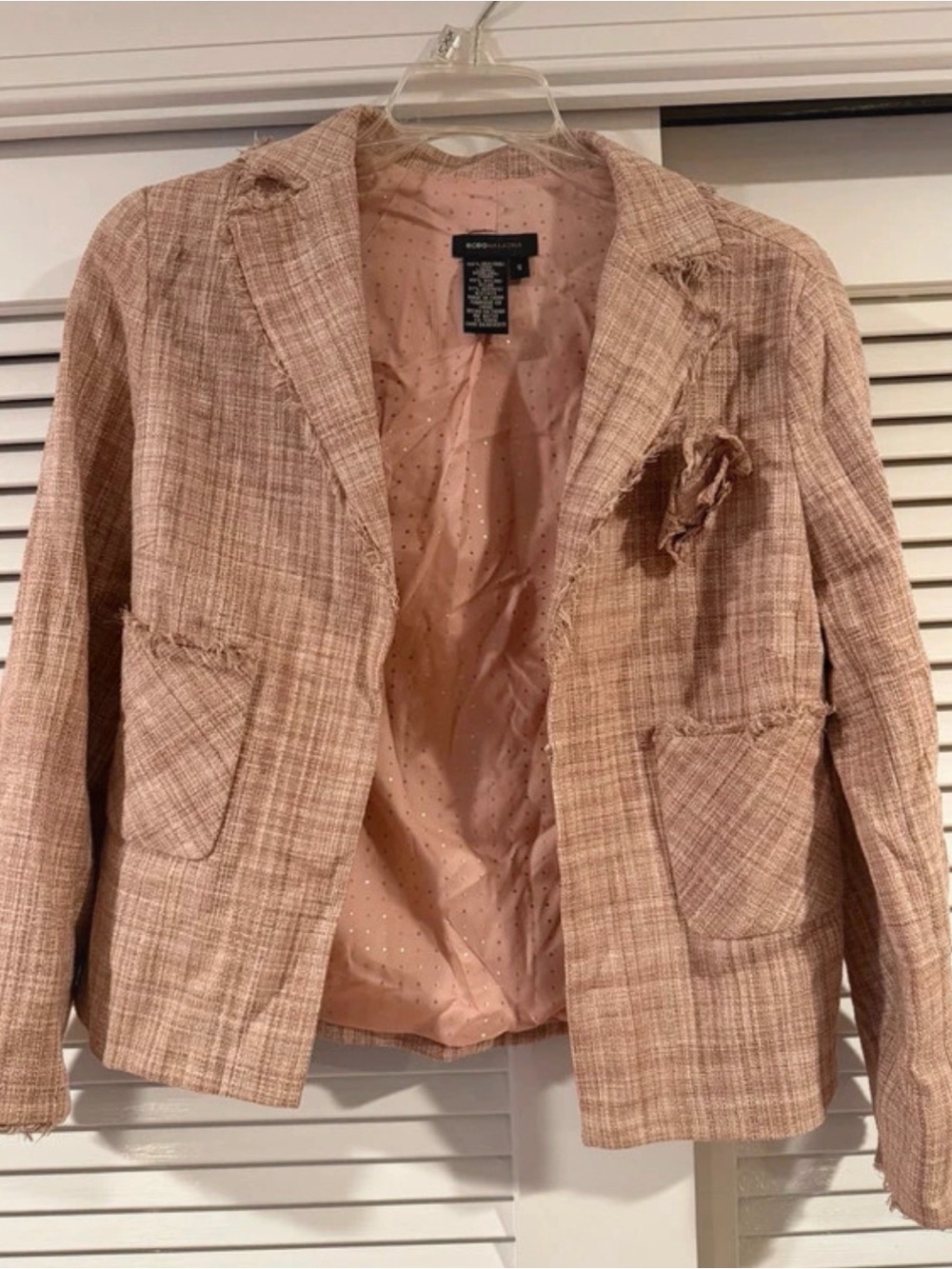 BCBGMaxAzria Blush Pink Tweed Blazer with Floral Pin